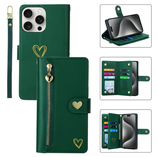 For iPhone 15 Pro POLA Love Multi-Card Slots Zipper Wallet Leather Phone Case(Dark Green) by POLA
