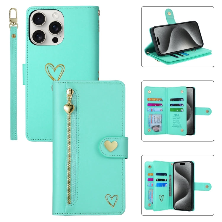 For iPhone 15 Pro POLA Love Multi-Card Slots Zipper Wallet Leather Phone Case(Light Green) by POLA