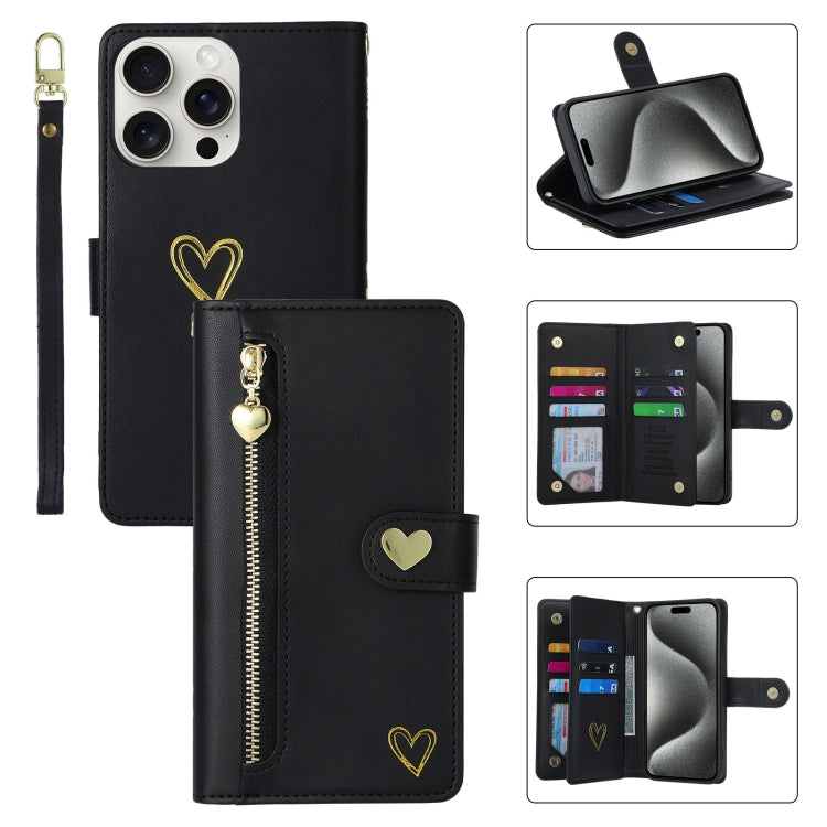 For iPhone 15 Pro Max POLA Love Multi-Card Slots Zipper Wallet Leather Phone Case(Black) by POLA