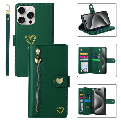 For iPhone 15 Pro Max POLA Love Multi-Card Slots Zipper Wallet Leather Phone Case(Dark Green) by POLA