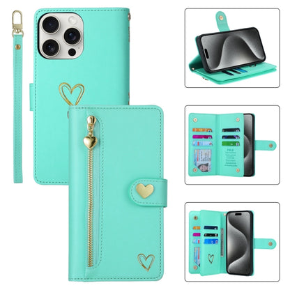 For iPhone 15 Pro Max POLA Love Multi-Card Slots Zipper Wallet Leather Phone Case(Light Green) by POLA