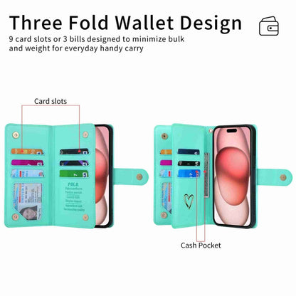 For iPhone 15 Pro Max POLA Love Multi-Card Slots Zipper Wallet Leather Phone Case(Light Green) by POLA