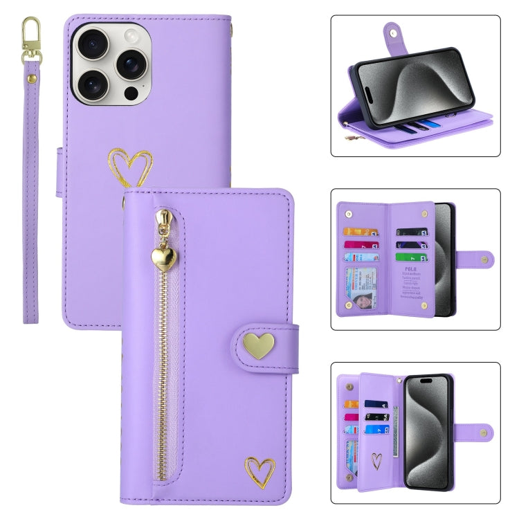 For iPhone 15 Pro Max POLA Love Multi-Card Slots Zipper Wallet Leather Phone Case(Purple) by POLA