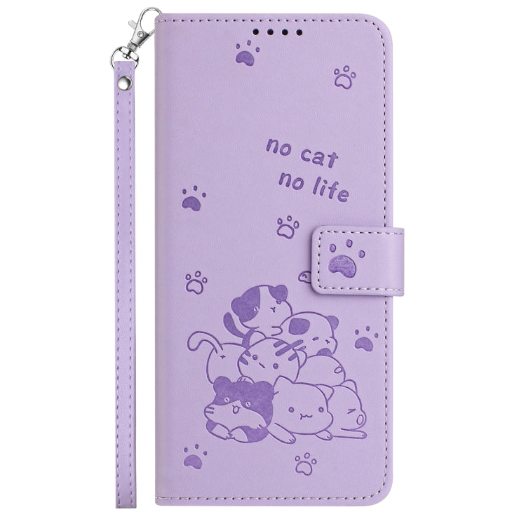 For iPhone 16e Embossed Kitten Phone Leather Case with Lanyard(Purple) by bashfashion