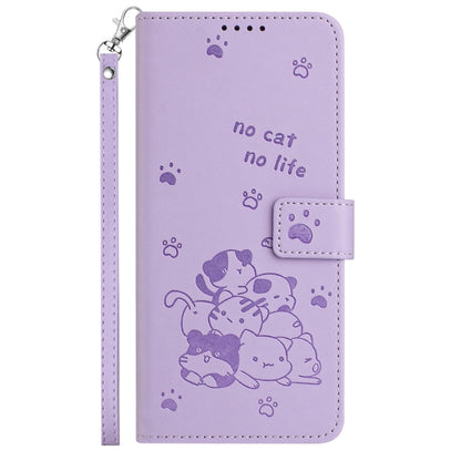 For iPhone 16e Embossed Kitten Phone Leather Case with Lanyard(Purple) by bashfashion