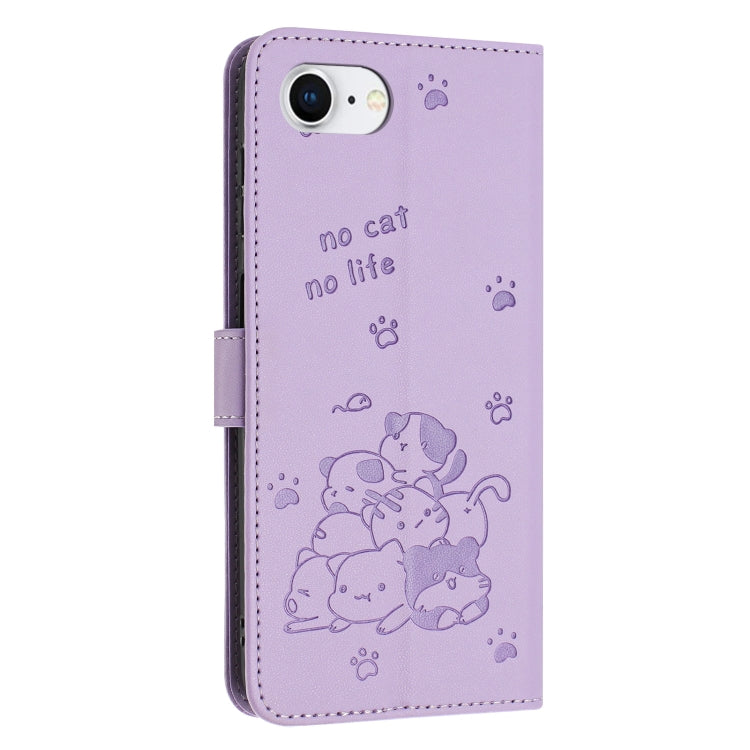 For iPhone 16e Embossed Kitten Phone Leather Case with Lanyard(Purple) by bashfashion