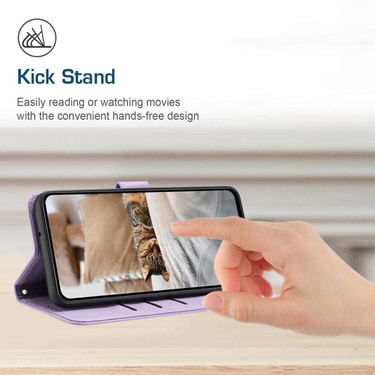 For iPhone 16e Embossed Kitten Phone Leather Case with Lanyard(Purple) by bashfashion