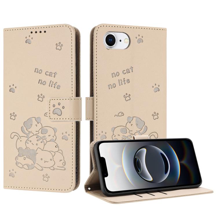 For iPhone 16e Embossed Kitten Phone Leather Case with Lanyard(Beige) by bashfashion