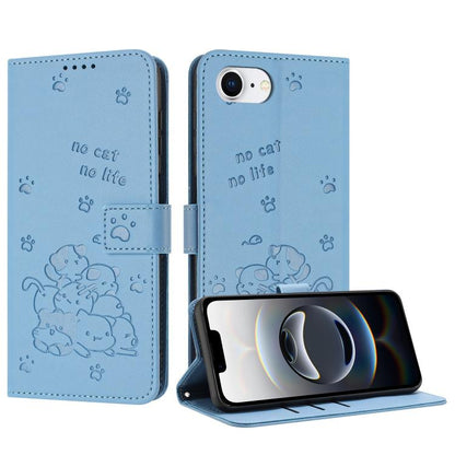 For iPhone 16e Embossed Kitten Phone Leather Case with Lanyard(Blue) by bashfashion