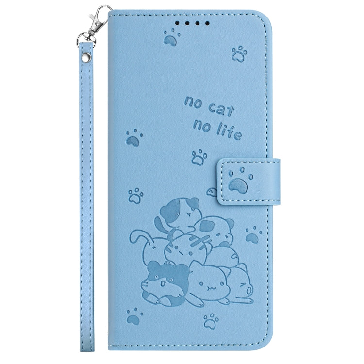 For iPhone 16e Embossed Kitten Phone Leather Case with Lanyard(Blue) by bashfashion
