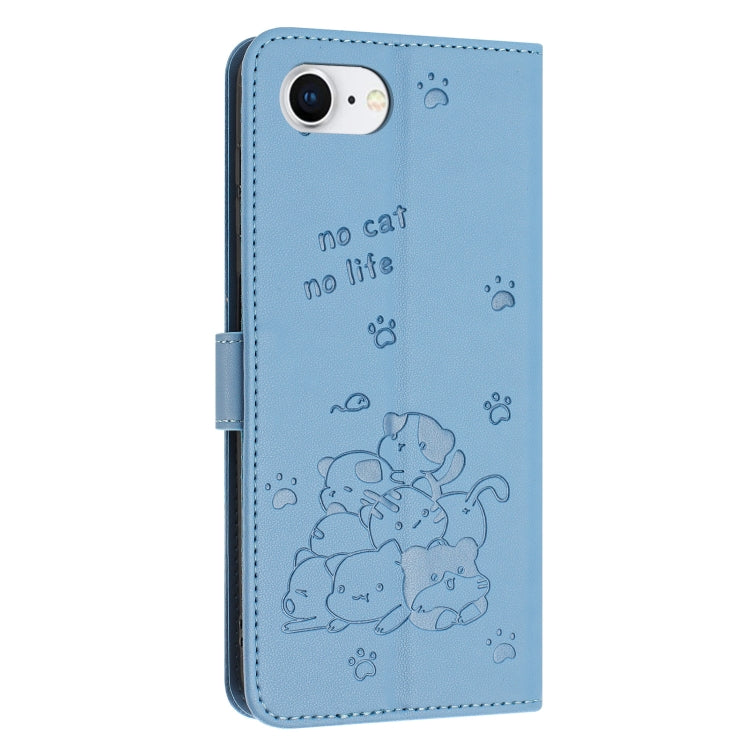 For iPhone 16e Embossed Kitten Phone Leather Case with Lanyard(Blue) by bashfashion