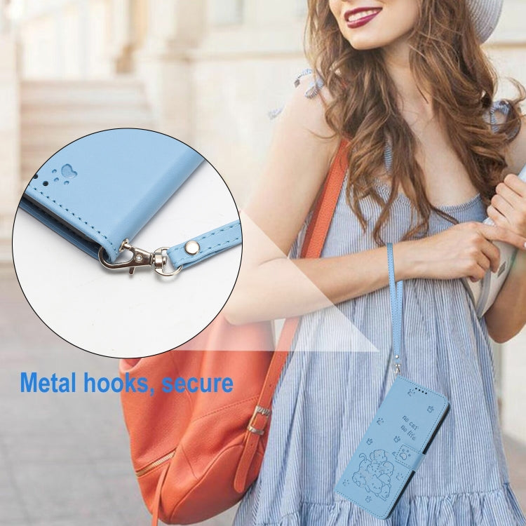 For iPhone 16e Embossed Kitten Phone Leather Case with Lanyard(Blue) by bashfashion