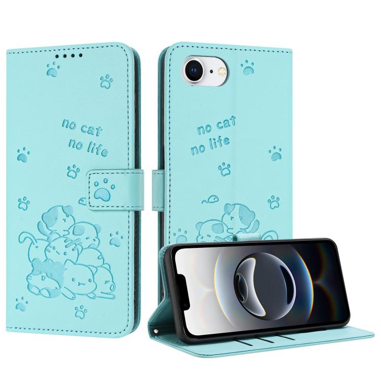 For iPhone 16e Embossed Kitten Phone Leather Case with Lanyard(Mint Green) by bashfashion