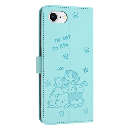For iPhone 16e Embossed Kitten Phone Leather Case with Lanyard(Mint Green) by bashfashion