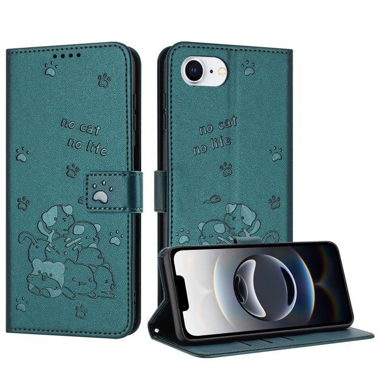 For iPhone 16e Embossed Kitten Phone Leather Case with Lanyard(Dark Green) by bashfashion