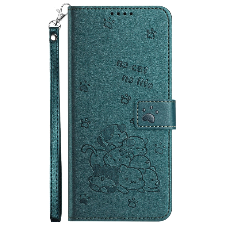 For iPhone 16e Embossed Kitten Phone Leather Case with Lanyard(Dark Green) by bashfashion