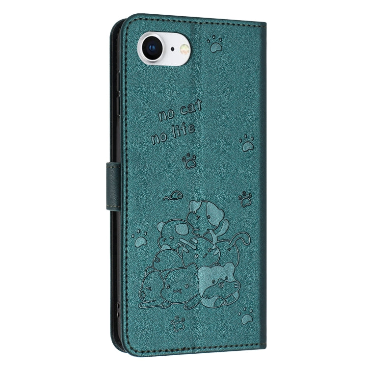 For iPhone 16e Embossed Kitten Phone Leather Case with Lanyard(Dark Green) by bashfashion