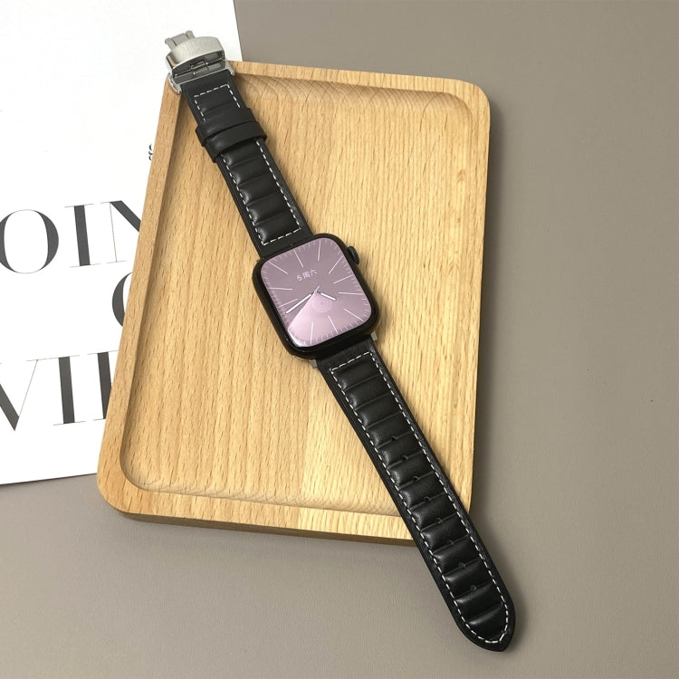For Apple Watch 46mm / 49mm / 45mm / 44mm Striations Genuine Leather Butterfly Buckle Watch Band(Black) by bashfashion