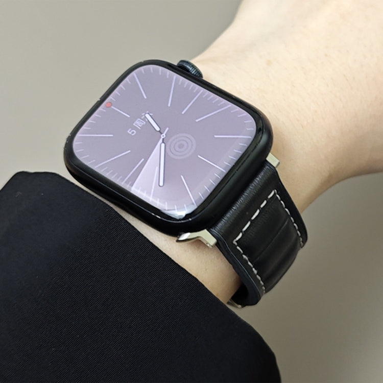 For Apple Watch 46mm / 49mm / 45mm / 44mm Striations Genuine Leather Butterfly Buckle Watch Band(Black) by bashfashion