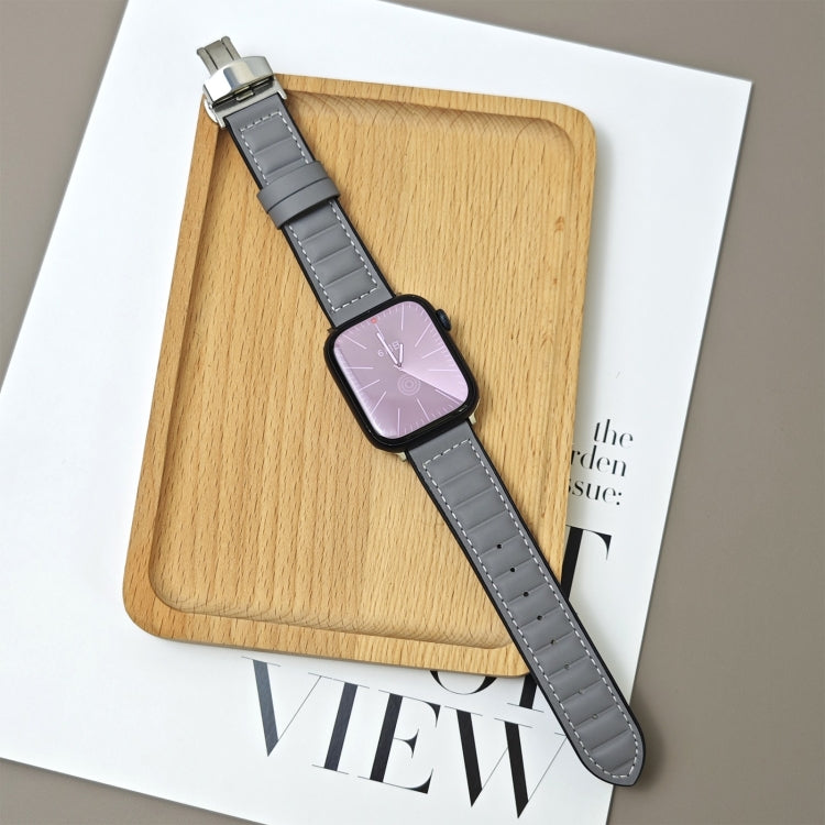 For Apple Watch 46mm / 49mm / 45mm / 44mm Striations Genuine Leather Butterfly Buckle Watch Band(Grey) by bashfashion