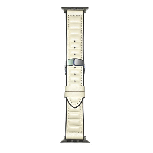 For Apple Watch 46mm / 49mm / 45mm / 44mm Striations Genuine Leather Butterfly Buckle Watch Band(Beige) by bashfashion