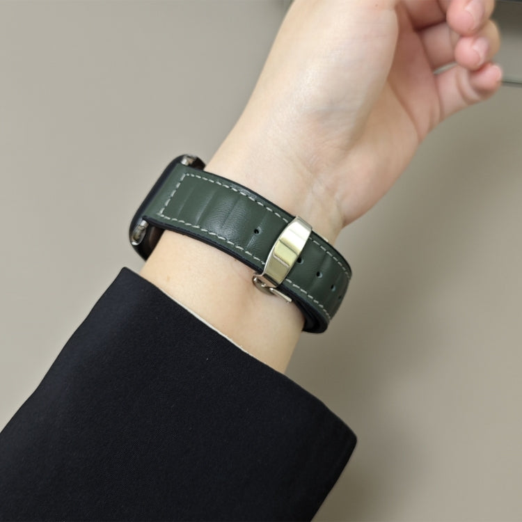 For Apple Watch 46mm / 49mm / 45mm / 44mm Striations Genuine Leather Butterfly Buckle Watch Band(Forest Green) by bashfashion