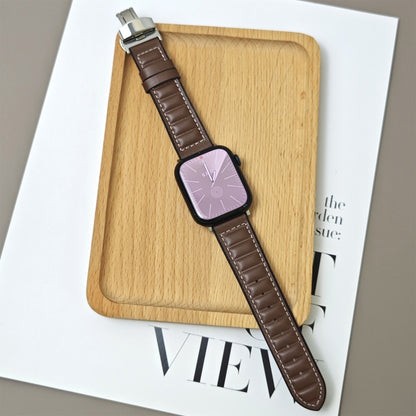 For Apple Watch 46mm / 49mm / 45mm / 44mm Striations Genuine Leather Butterfly Buckle Watch Band(Deep Coffee) by bashfashion