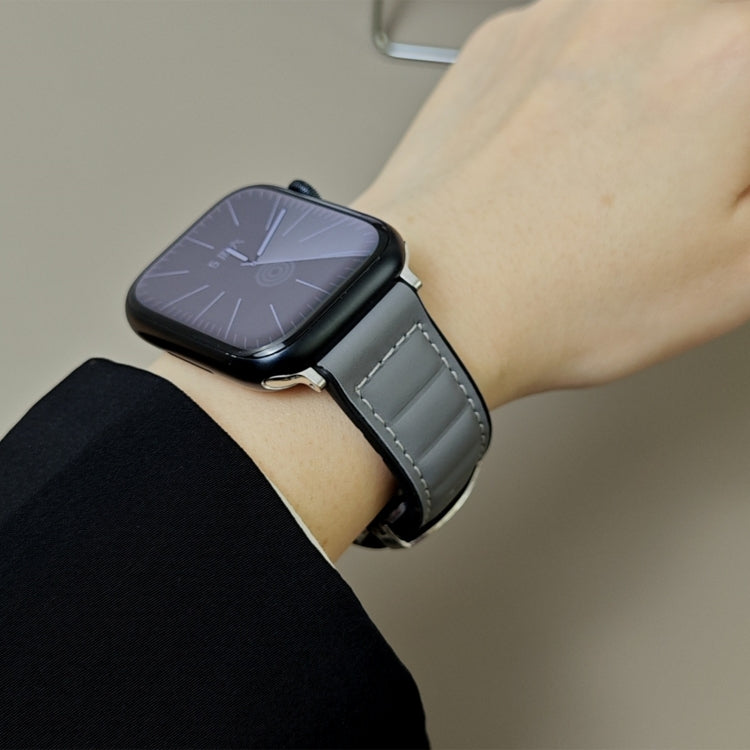 For Apple Watch 42mm / 41mm / 40mm / 38mm Striations Genuine Leather Butterfly Buckle Watch Band(Grey) by bashfashion