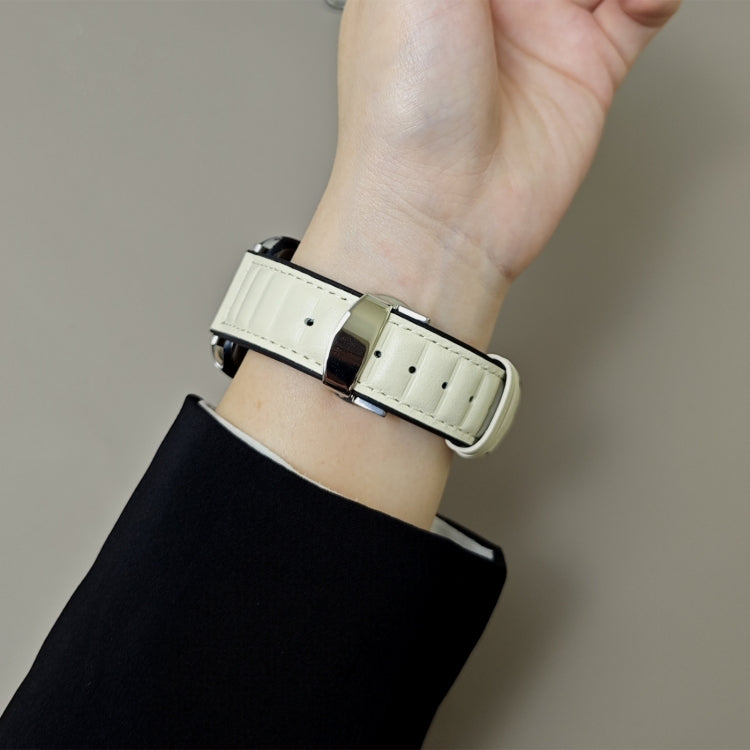 For Apple Watch 42mm / 41mm / 40mm / 38mm Striations Genuine Leather Butterfly Buckle Watch Band(Beige) by bashfashion