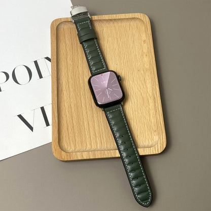 For Apple Watch 42mm / 41mm / 40mm / 38mm Striations Genuine Leather Butterfly Buckle Watch Band(Forest Green) by bashfashion