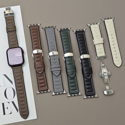 For Apple Watch 46mm / 49mm / 45mm / 44mm Striations Genuine Leather Butterfly Buckle Watch Band(Forest Green) by bashfashion