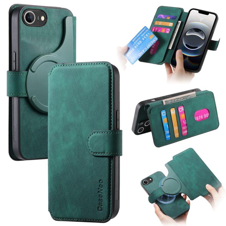 For iPhone 16e CaseNeo MagSafe RFID Anti-theft Retro Leather Phone Case(Green) by CaseNeo