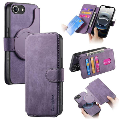 For iPhone 16e CaseNeo MagSafe RFID Anti-theft Retro Leather Phone Case(Purple) by CaseNeo