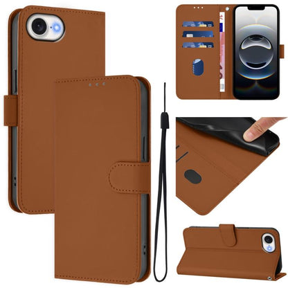For iPhone 16e Skin Feel Solid Color Leather Phone Case with Lanyard(Brown) by bashfashion