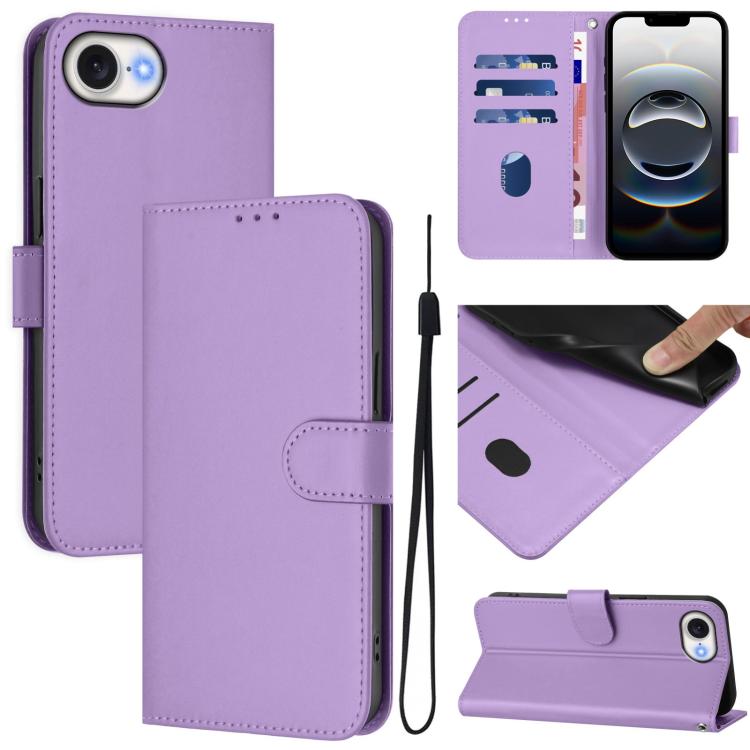 For iPhone 16e Skin Feel Solid Color Leather Phone Case with Lanyard(Lavender Purple) by bashfashion