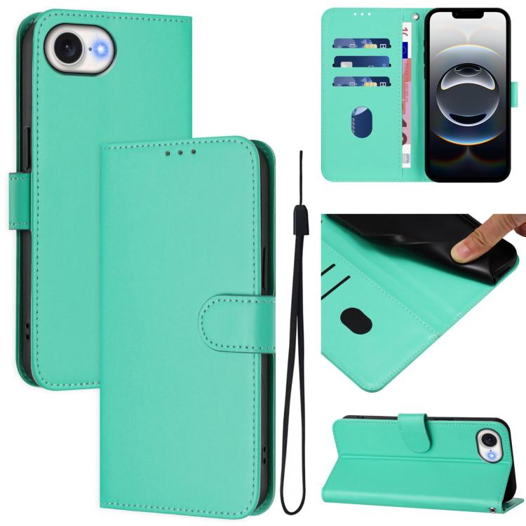 For iPhone 16e Skin Feel Solid Color Leather Phone Case with Lanyard(Green) by bashfashion