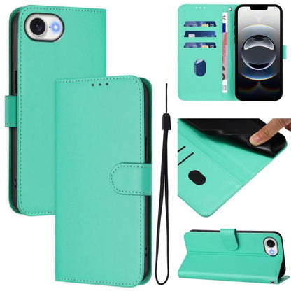 For iPhone 16e Skin Feel Solid Color Leather Phone Case with Lanyard(Green) by bashfashion