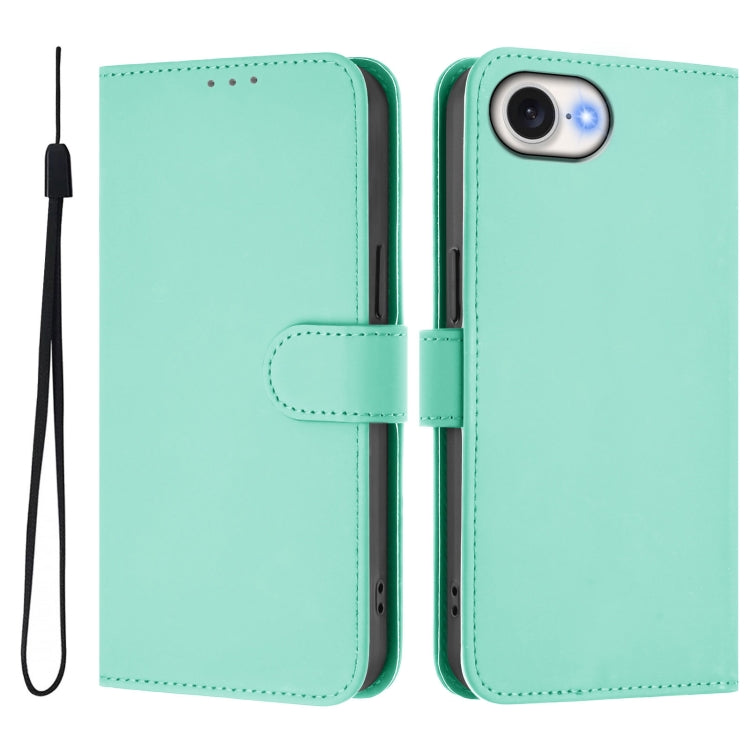 For iPhone 16e Skin Feel Solid Color Leather Phone Case with Lanyard(Mint Green) by bashfashion