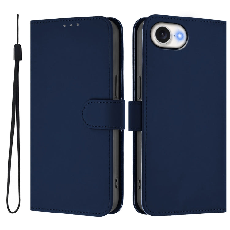 For iPhone 16e Skin Feel Solid Color Leather Phone Case with Lanyard(Navy Blue) by bashfashion