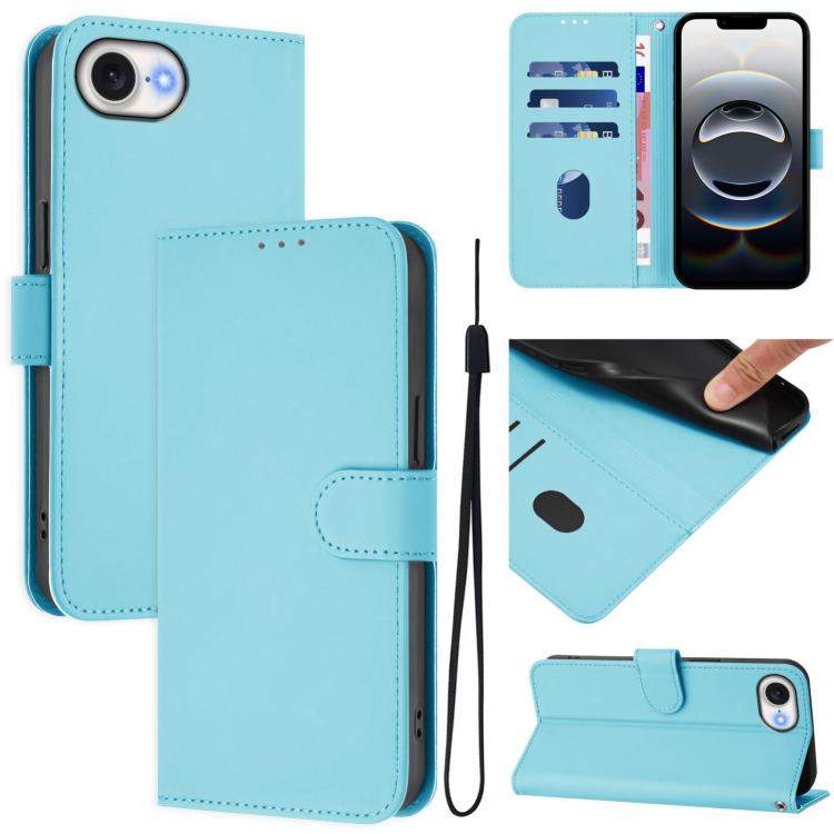 For iPhone 16e Skin Feel Solid Color Leather Phone Case with Lanyard(Sky Blue) by bashfashion