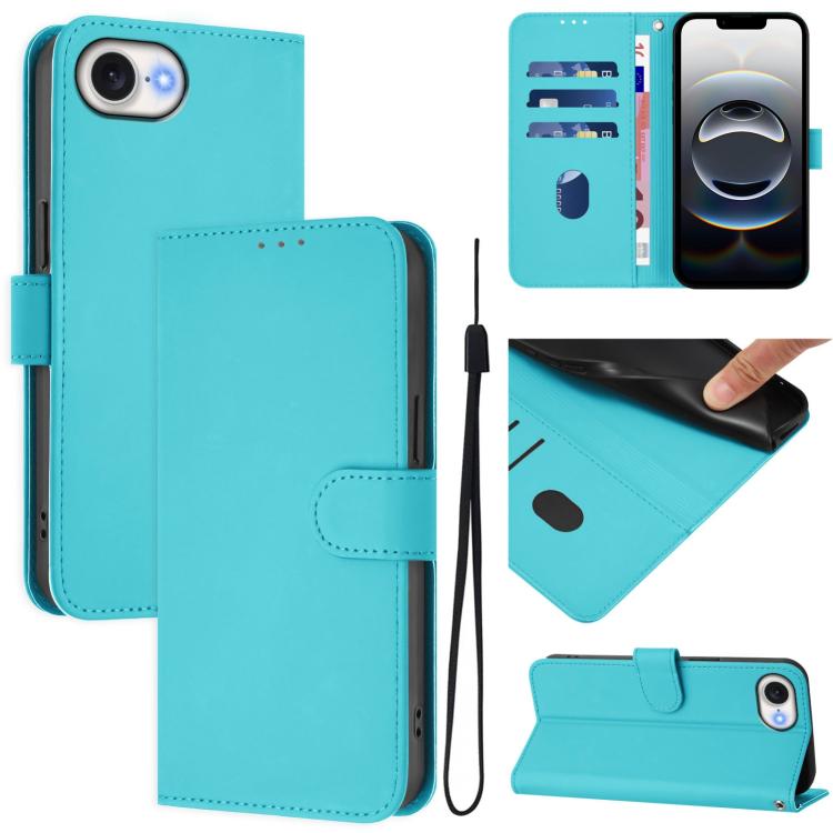 For iPhone 16e Skin Feel Solid Color Leather Phone Case with Lanyard(Lake Blue) by bashfashion