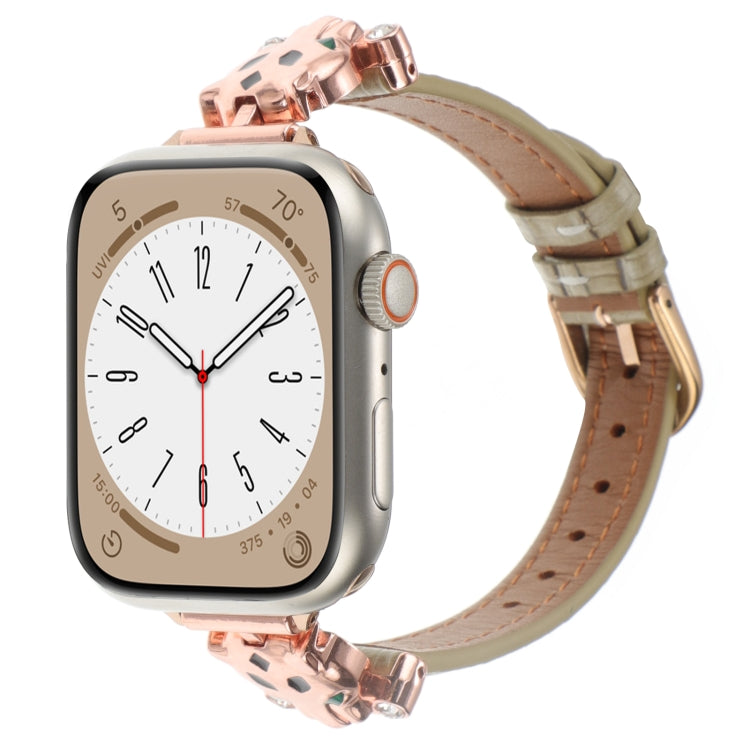 For Apple Watch 46mm / 49mm / 45mm / 44mm Leopard Head Bamboo Texture Leather Watch Band(Rose Gold Khaki) by bashfashion