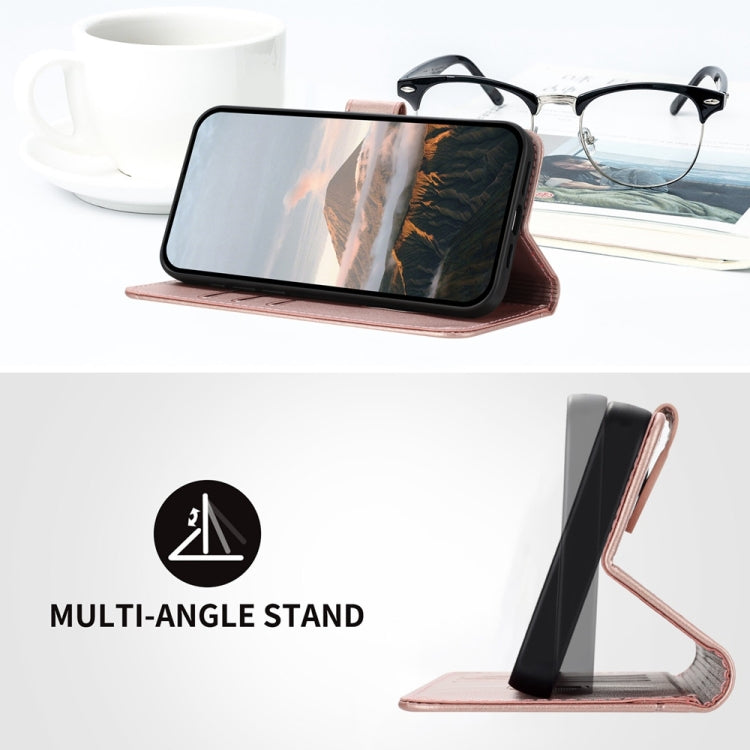 For iPhone 16e Triangle Pattern Buckle Clasp Leather Phone Case(Rose Gold) by bashfashion