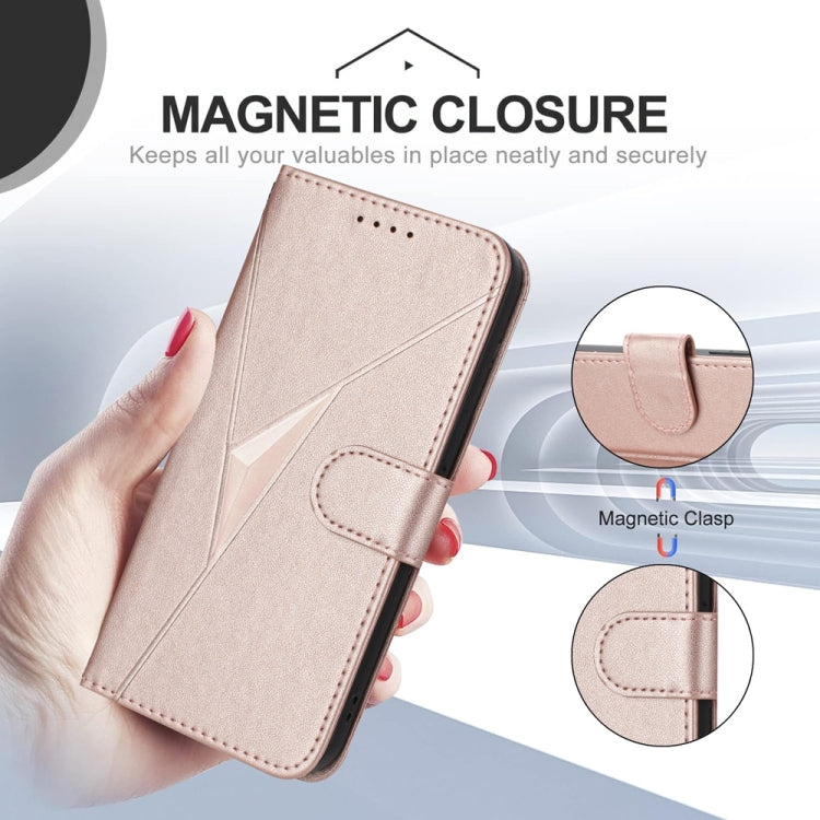 For iPhone 16e Triangle Pattern Buckle Clasp Leather Phone Case(Rose Gold) by bashfashion