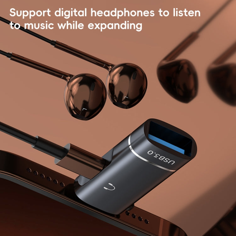 2 in 1 8 Pin to USB and Type-C Earphone Adapter(Black) by bashfashion