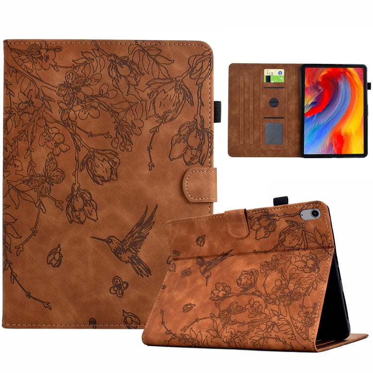 For iPad 2025 / 2022 Flowers and Bird Embossed Smart Leather Tablet Case(Brown) by bashfashion