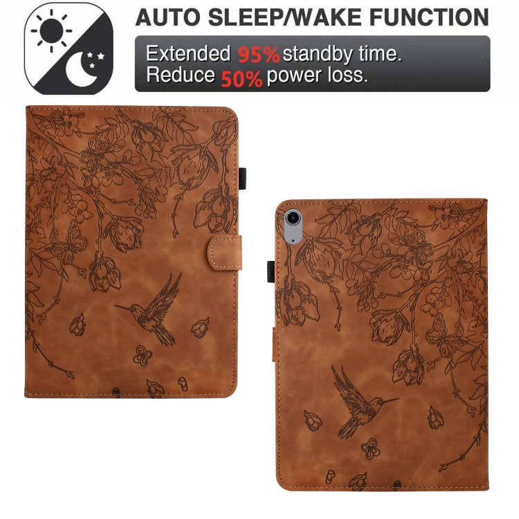 For iPad 2025 / 2022 Flowers and Bird Embossed Smart Leather Tablet Case(Brown) by bashfashion