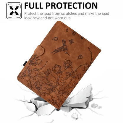 For iPad 2025 / 2022 Flowers and Bird Embossed Smart Leather Tablet Case(Brown) by bashfashion