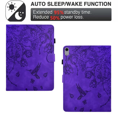 For iPad mini 2024 / mini 6 Flowers and Bird Embossed Smart Leather Tablet Case(Purple) by bashfashion
