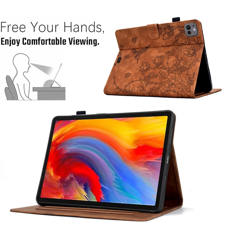For iPad Pro 11 2025 / 2024 Flowers and Bird Embossed Smart Leather Tablet Case(Brown) by bashfashion
